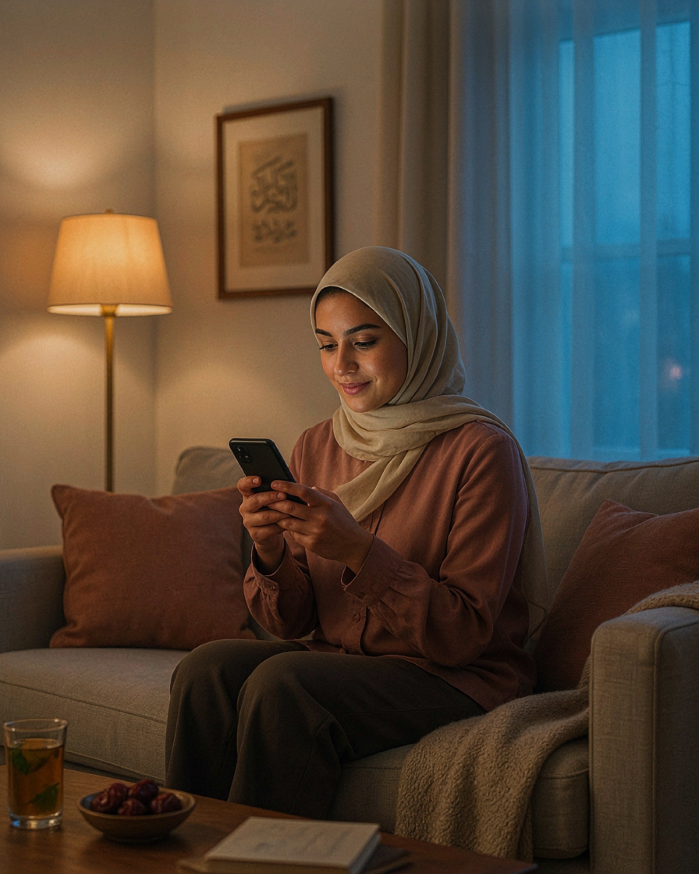 موظفة سعودية في بيتها تقرأ قسيمة راتبها على جوالها