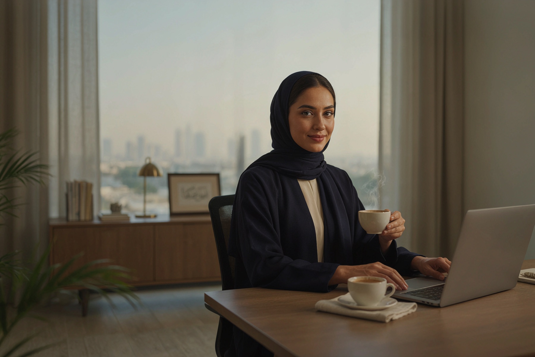 مديرة موارد بشرية سعودية مرتاحة آخر الشهر مع فنجان قهوة